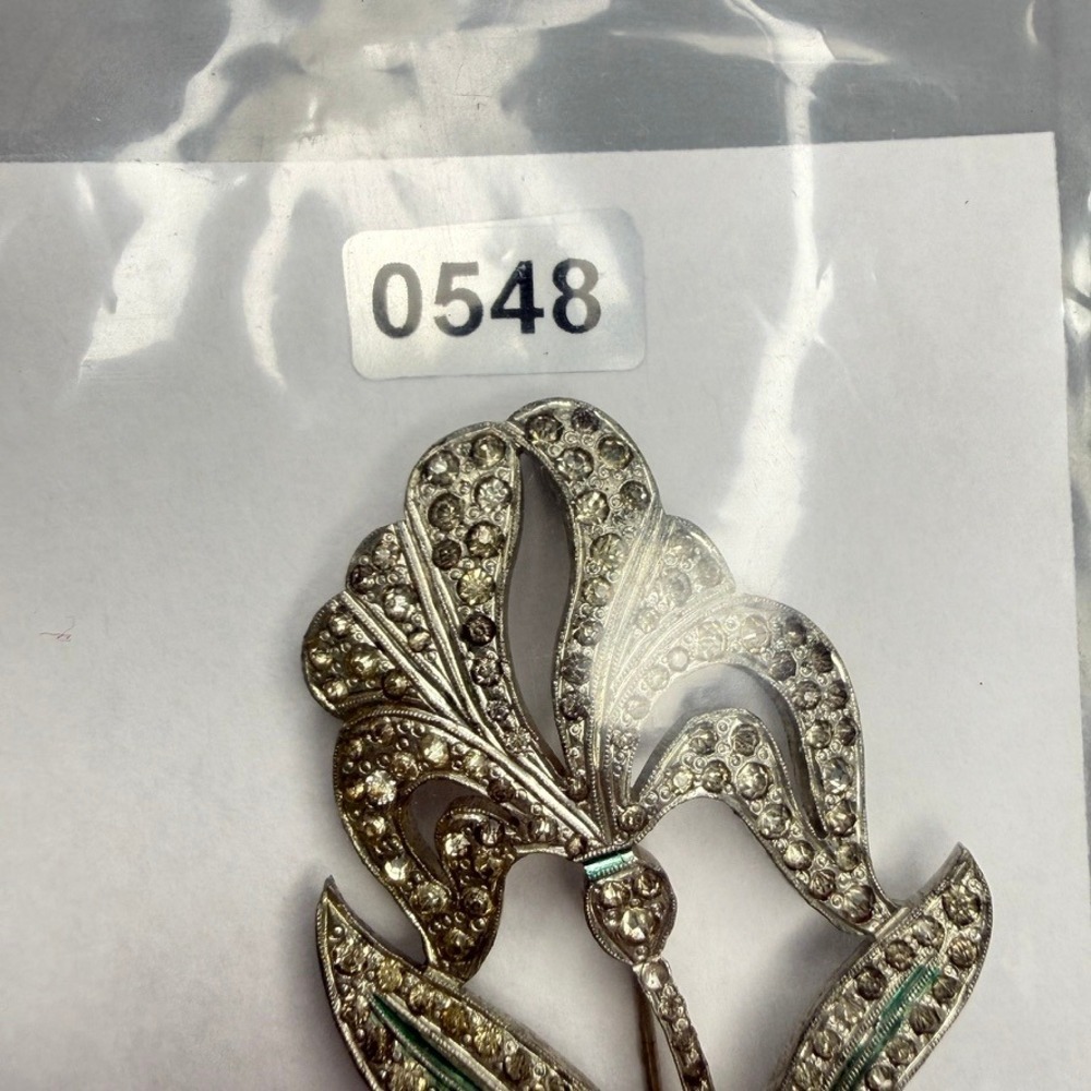 VTG Art Deco Pot Metal Floral Brooch c. 1930s Large Silver Tone Rhinestones - Picture 8 of 8